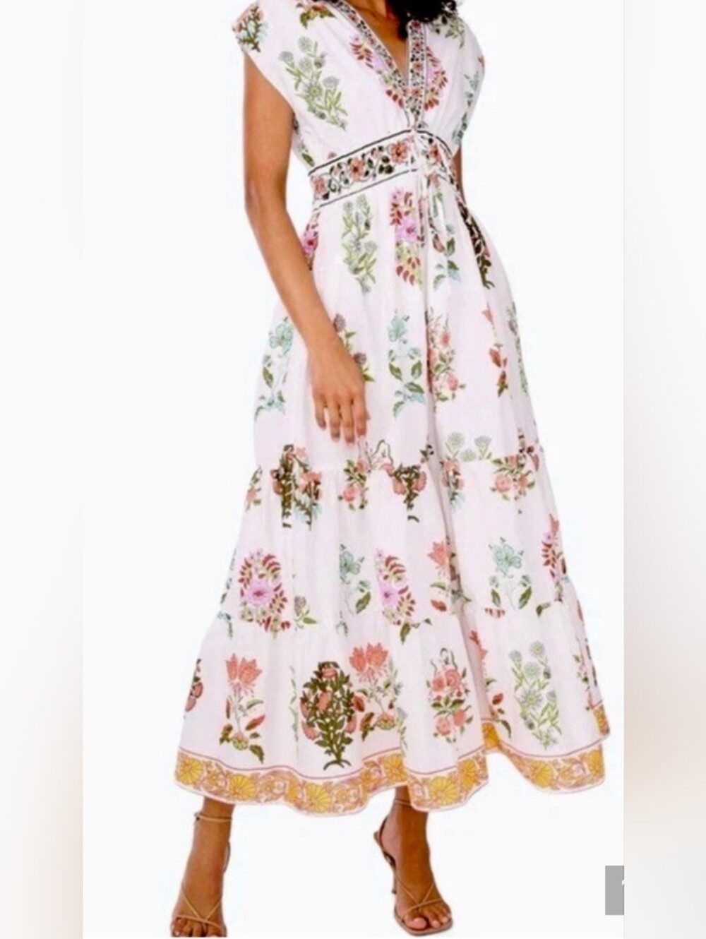 CeCe Maxi Floral Block Print Tiered White Dress with Pink, Green & Yellow Sz. M - Picture 14 of 16